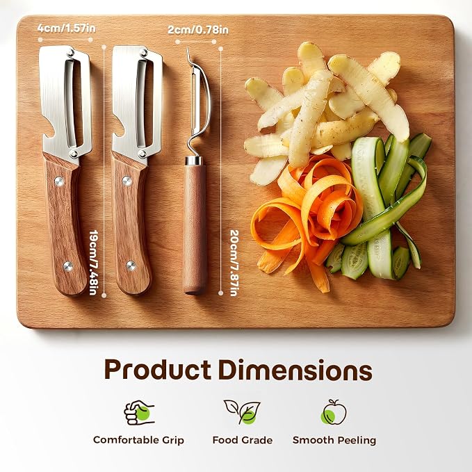 3-Pack Multi-Functional Vegetable Peeler for Kitchen Fruit Potato | 2026 Upgraded Ultra Sharp Stainless Steel Peelers with Ergonomic Wood Handle for Apple, Carrot, Pumpkin & kitchen Cooking