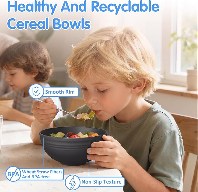Quatish 14 PCS Unbreakable Cereal Bowls,Dishwasher & Microwave Safe Wheat Straw Bowls, Easy-to-Clean Lightweight Desserts & Soup Bowl, Portable for Picnics ，Snack Plastic Bowls Set,Black