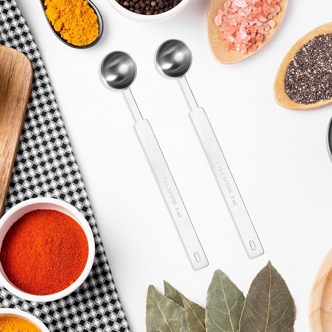 2 Pcs Teaspoons Measuring Spoon, 5 Gram Scoop, Stainless Steel Measuring Spoons, 1 Teaspoon (5 mL | 5 cc | 1/6 oz | 1/3 Tablespoon), Dishwasher Safe, Metal Measuring Spoons for Cooking & Baking