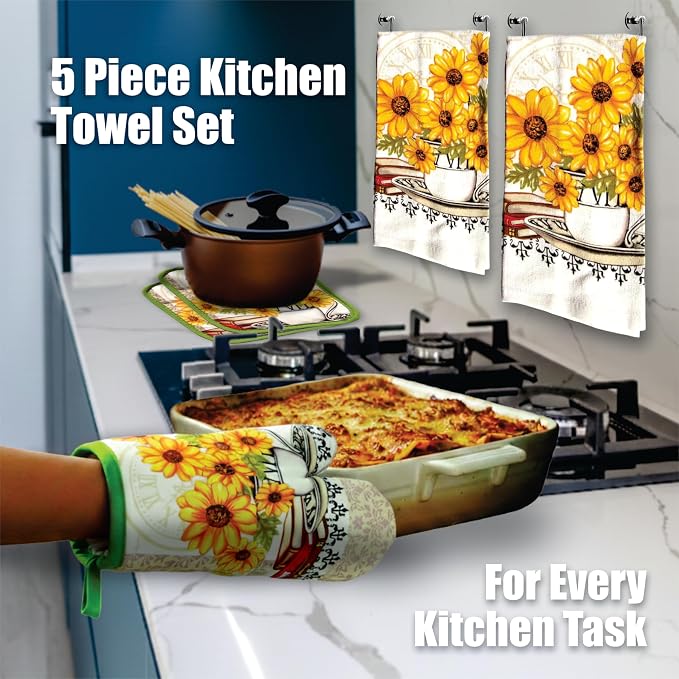Bright Sunflower5 Piece Kitchen Towel Set | Kitchen Towel Set with 2 Decorative Dish Towels (25 X15), 1 Oven Mitt (11 X 7) and 2 Potholders (6.5 X 6.5)