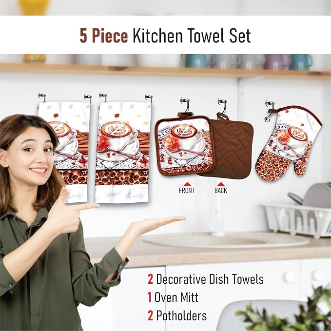 Café Latte 5 Piece Kitchen Towel Set | Kitchen Towel Set with 2 Decorative Dish Towels (25 X15), 1 Oven Mitt (11 X 7) and 2 Potholders (6.5 X 6.5)