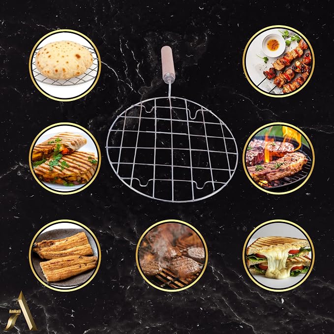 AnNafi® Wire Rack for Cooking Roti, Chapati & Bread | Stainless Steel Cooking Wire Rack for Gas Stove Roasting | BBQ & Barbecue Grilling Rack Mesh with Wooden Handle | Phulka & Papad Roaster