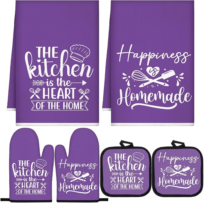 Sratte 6 Pcs Kitchen Decor Accessories Set, Kitchen, Purple | Farmhouse Kitchen Towels Pot Holders Oven Mitts Set 2 Dish Towels 2 Potholders 2 Cooking Mittens for Baking Cooking Supply