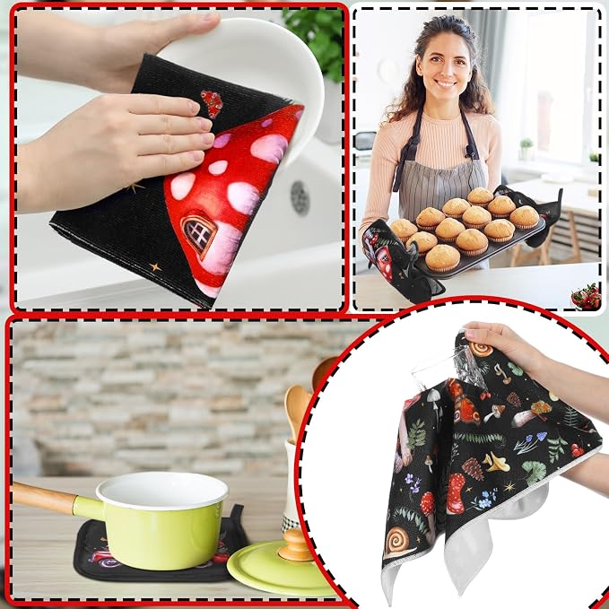Fourluoo 10 Pcs Kitchen Dish Towels Rugs Oven Mitts and Pot Holders Set Farmhouse Kitchen Decor Set for Women Mom Daughter Gift Cooking Baking Grilling(Dark Colors,Mushroom)