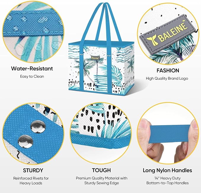 BALEINE 3PK Reusable Grocery Bags, Heavy Duty Shopping Tote Bag | 12'' Long Handles, Reinforced Bottom Keeps Upright, Fold Flat Storage, Water-Resistant Shopping Bag, Multiple Color Options