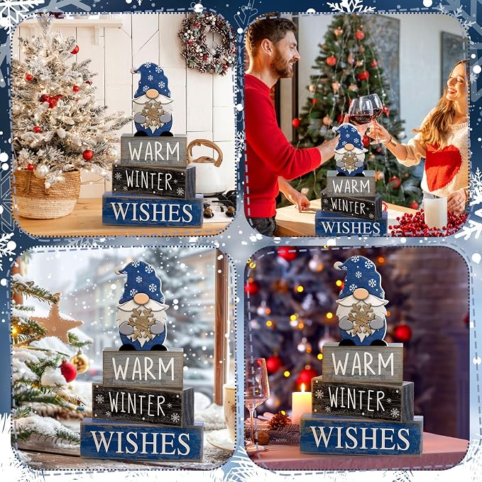 Lineshading 4 Pcs Winter Gnome Wooden Sign Blue Tiered Tray Decor Farmhouse | Stackable Warm Winter Wishes Blocks, Rustic Wood Finish, Season-long Centerpiece for Kitchen Shelf and Mantel Display