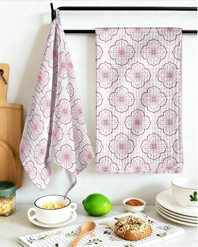 370GSM Cotton Waffle Kitchen Towels, Sakura | Pure Cotton, Sustainable, Waffle Weave, Terry Cloth, Highly Absorbent, Decorative, 16"x25", with Hanging Loop