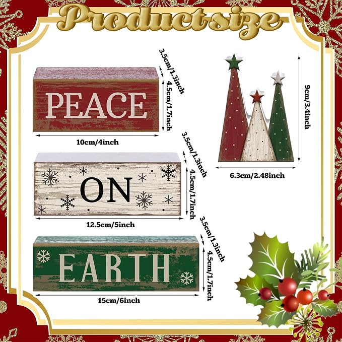 Lineshading 4 Pcs Christmas Table Decoration Wooden Christmas Tree Signs | Stackable Wooden Signs with Tree Topper for Tiered Tray, Rustic Tabletop Mantel Decor, Farmhouse Holiday Gift Accent