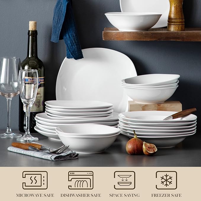MALACASA Dinnerware Sets, 24-Piece Porcelain Square Dishes, Grey White Ceramic Dish Set for 6, Chip and Scratch Resistant Plates and Bowls Sets, Series ELISA