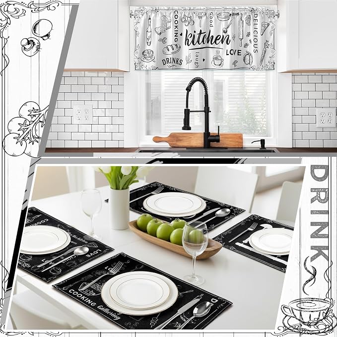 Fourluoo 16 Pcs Black White Kitchen Towel Rug Set Modern Decor | Non Slip Kitchen Rugs Mats, Oven Mitts Pot Holders Curtains, Farmhouse Home Decor Accessories, Housewarming Gift