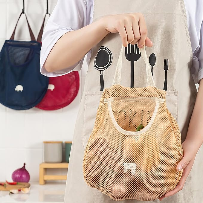 Cosmos 3 Pcs Reusable Hanging Storage Mesh Bags Wall Mount Hanging Home Kitchen Grocery Bag Organizer Storage Produce Tote Bags for Potatoes, Fruit, Garlics, Onions, Vegetables