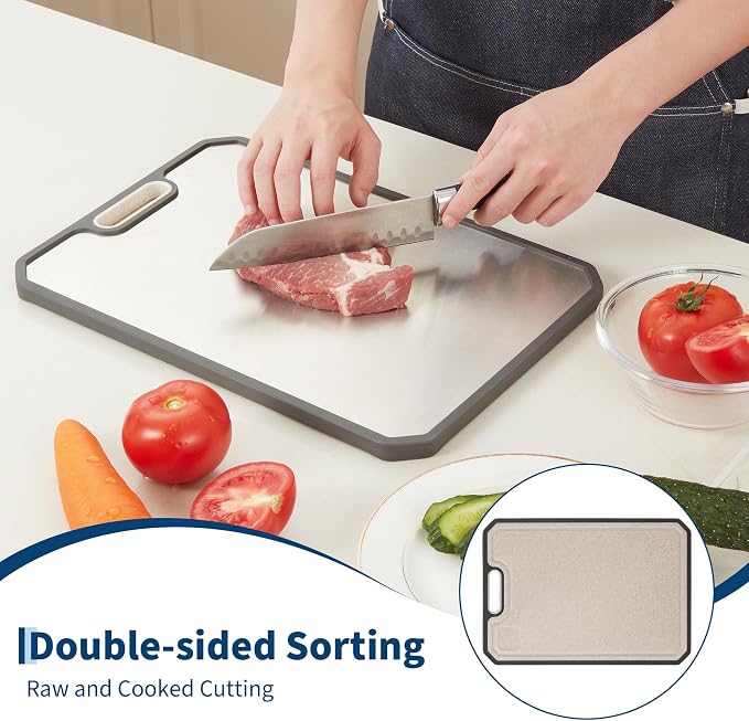 Stainless Steel Cutting Board for Kitchen Metal Chopping Board 15.2"x 10.5" | Double-Sided Stainless Steel/Wheat Straw PP Meat Cutting Board Non Toxic Chopping Board with Juice Grooves & Handle