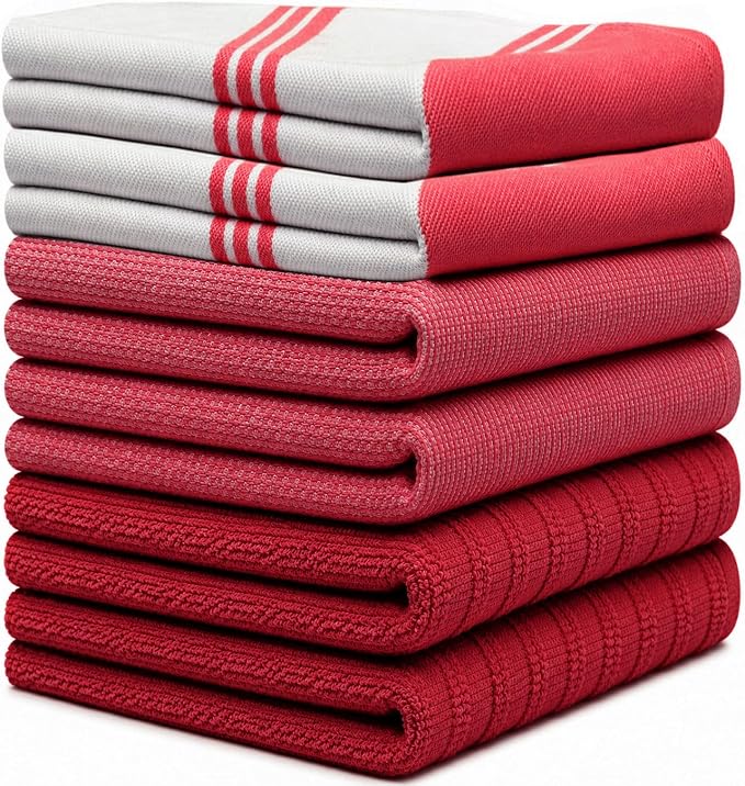Premium Kitchen Towels 6 Pack 100% Cotton 20"x28" Dish Towels - Red Wide | Large Flat & Terry Kitchen Linen Set with Hanging Loops, Highly Absorbent for Washing and Drying Dishes