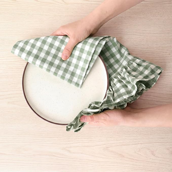 HunnmingRe 2 Pcs Green Gingham Kitchen Towels Cotton Ruffled | Checked Dish Towels 18"x28" Tea Cloths Plaid Cottage Core Kitchen Decor for Farmhouse Charm Drying Dishes Entertaining Guests
