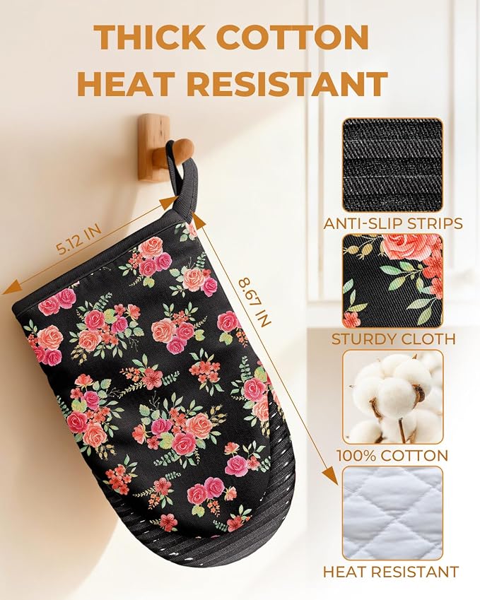 100% Thick Cotton Mini Oven Mitts Silicone Grip Pink Rose | Girly Cute Oven Mitts for Women, Machine Washable, Non-Slip, Reversible Design Fits Both Hands, Stylish Kitchen Decor