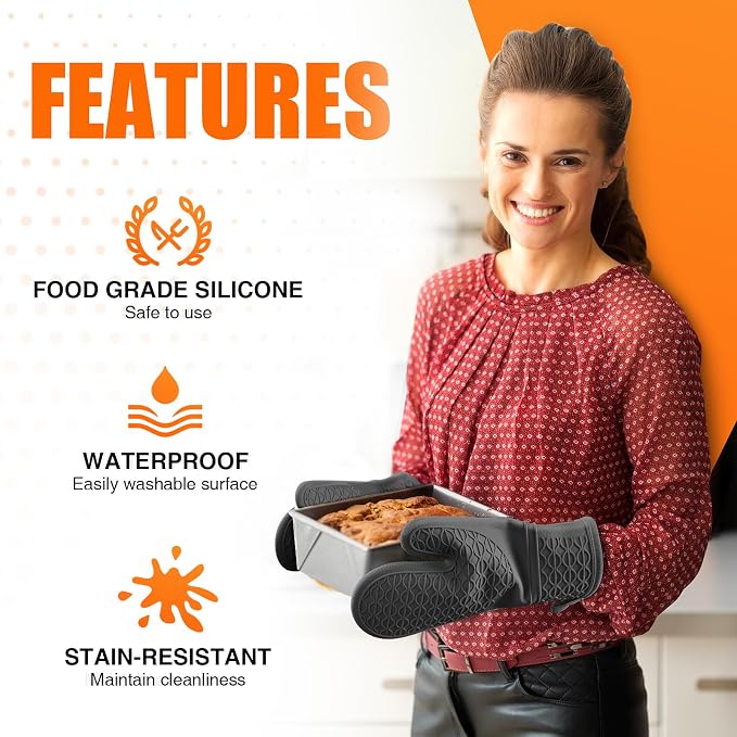 Silicone Oven Mitts, Heat Resistant 2PCS Oven Mitts with Soft Cotton Lining, Waterproof Non-Slip Grip Oven Glove, Kitchen Potholder Mits for BBQ, Baking, Cooking, 12.5 Inch - Black