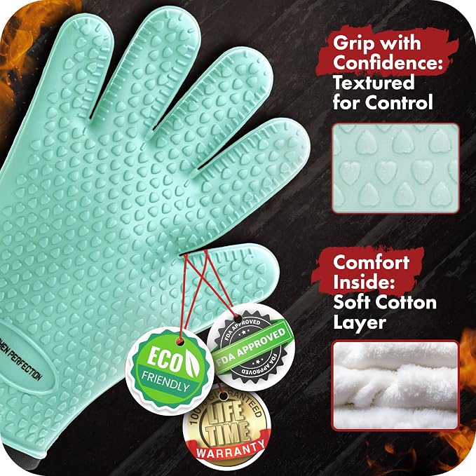 KITCHEN PERFECTION XL Silicone Smoker BBQ Gloves -Heat Resistant Oven Mitts | Waterproof, 5-Finger Design For A Better Grip, for Pitmasters, Meat Smoking, Grilling, Cooking, Frying Turkey | Grill Gift