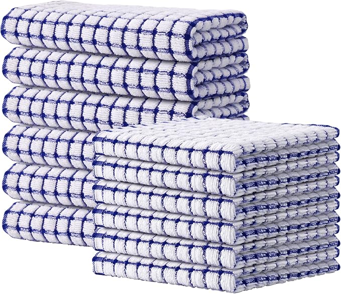 Kitinjoy Cotton 12 Pack Kitchen Towels and Dishcloths Sets, Blue | 16 x 25 Inch & 12 X 12 Inch Dish Towels Bulk, Super Soft and Absorbent hand towels for kitchen Drying