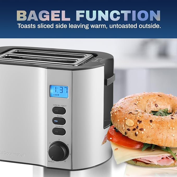 Elite Gourmet ECT2145 2-Slice Toaster, Extra-Wide Slot, Stainless Steel | Bagel, Reheat, Defrost & Cancel Functions, 6 Toast Settings, Built-In Warming Rack, Countdown Timer