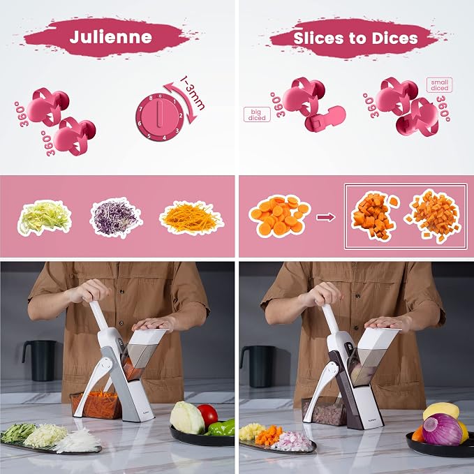SupMaKin Safe Mandoline Slicer for Kitchen, Vegetable Food Potato Chip Slicer Maual Adjustable Thickness, Chopping Artifact Fast Veggie Salad Chopper Cook Meal Prep | 4 Modes Slice, Strips,Julienne Dicer,Vegetables Slicer Fry Food Cutter,Stainless Stee...