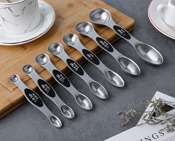 Magnetic Measuring Spoons Set of 7 Stainless Steel Dual Sided Tablespoon | Stackable Teaspoon Measure Spoon for Measuring Dry and Liquid Ingredients