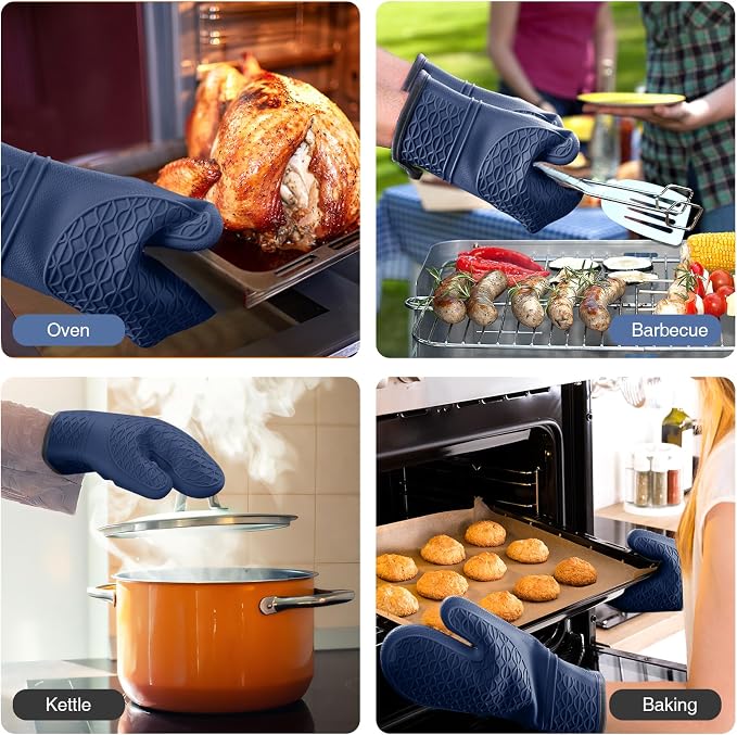 Silicone Oven Mitts, Heat Resistant 2PCS Oven Mitts with Soft Cotton Lining, Waterproof Non-Slip Grip Oven Glove, Kitchen Potholder Mits for BBQ, Baking, Cooking, 12.5 Inch - Dark Blue