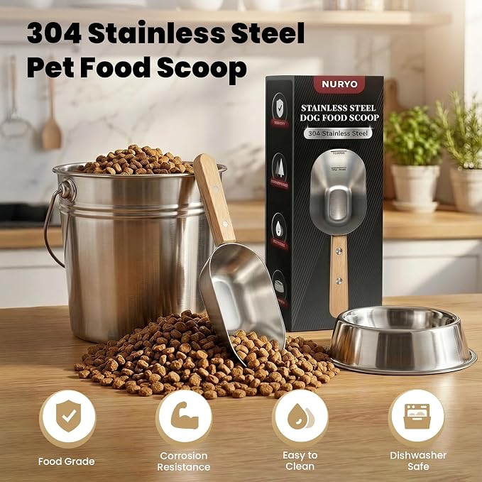 Dog Food Scoop 1 Cup with Clear Measurement Line, 304 Stainless Steel | Dog Food Measuring Cup with Long Wooden Handle, Pet Food Scoop for Dog Cat Food, Coffee, Flour
