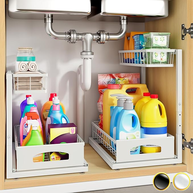 Under Sink Organizer, 2-Pack L-Shaped Metal Pull-Out Drawers for Kitchen | Cabinet Organizer Height Adjustable Heavy Duty Metal 2-Tier Storage Fits Beside Common Pipes for Bathroom Pantry