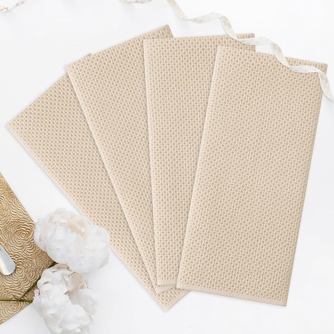 Kitinjoy 100% Cotton Waffle 4-Pack Kitchen Towels, 20" x 28", Beige | Super Soft, Ultra-Absorbent, Fast Drying, lightweight, Quick Drying Kitchen Hand Towels