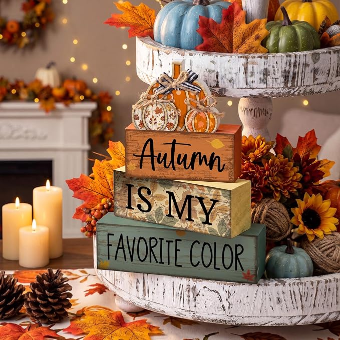 Lineshading 4 Pcs Fall Block Signs with Pumpkin Autumn Farmhouse Decor | Stackable Wooden Signs for Tiered Tray, Rustic Pumpkin Centerpiece, Thanksgiving Harvest Decorations, Autumn Gift Set