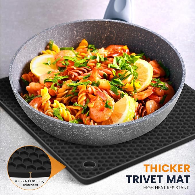 Silicone Trivet Mats 4 Heat Resistant Pot Holders Multipurpose Non-Slip Hot Pads for Kitchen Potholders, Drying mat, Jar Opener, Spoon Holder, Coaster.(Black Dark Gray)