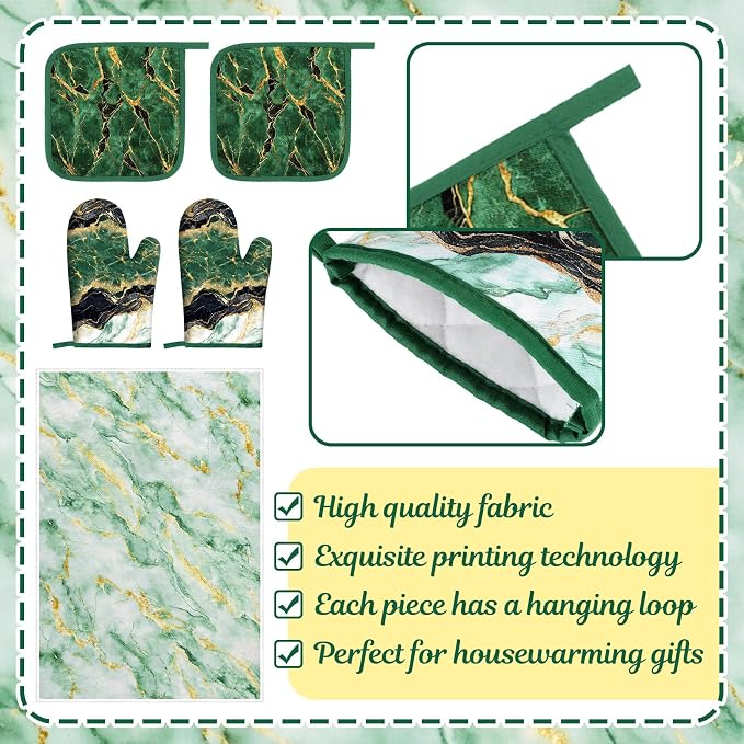 Leinuosen 8 Pcs Green and Gold Marble Kitchen Towels and Dishcloths Sets Oven Mitts and Pot Holders Absorbent Kitchen Gloves Potholders Heat Resistant for Chef Baking Cooking