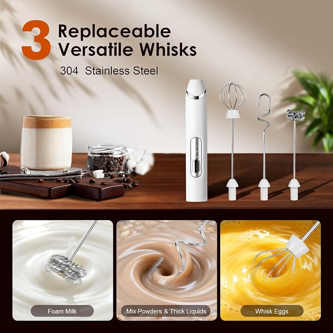 Rechargeable Milk Frother with Stand,Coffee Frother,Drink Mixer（White） | Rechargeable Mixer Wand, Electric Whisk for Protein Powder, Lattes, Cappuccino,Matcha, 3 Variable Speeds 3 Whisks
