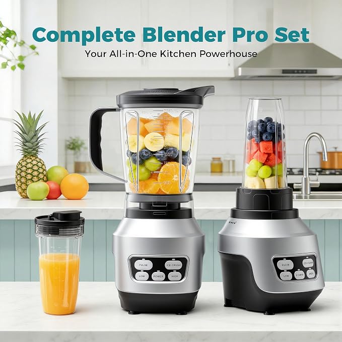 DUMOS Smoothie Blender for Kitchen, Personal Blender for Smoothies | 6 Blades, 24 34 60 oz BPA-Free Cups, Portable Easy Clean, Ice Crush Shakes Sauces, Silver