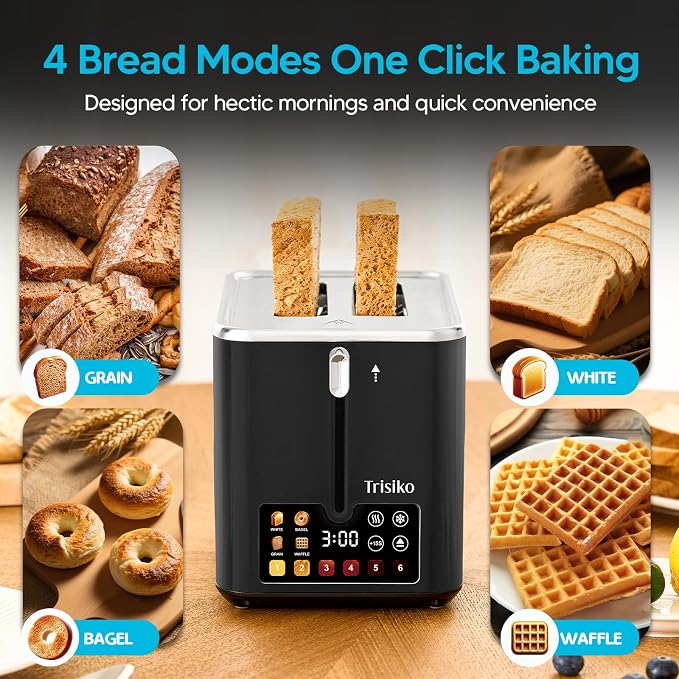 Trisiko® Touch Screen Toaster 2 Slice, 900W Digital Toaster with Countdown Timer, 1.38 in Wide Slots, 6 Browning Levels, Bagel, Defrost, Reheat, Cancel, Crumb Tray, Cord Wrap-Black