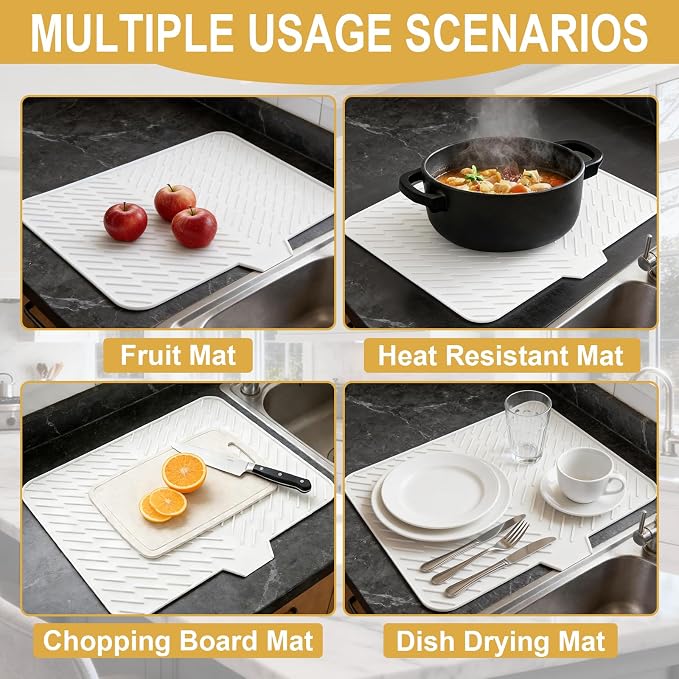 Silicone Dish Drying Mat for Kitchen Counter, 23" x 17" White-1pcs | Heat Resistant & Non-Slip Dish Drain Pad with Built-In Drain, Quick-Dry, Hangable & Roll-Up for Storage，Multi-Functional Use