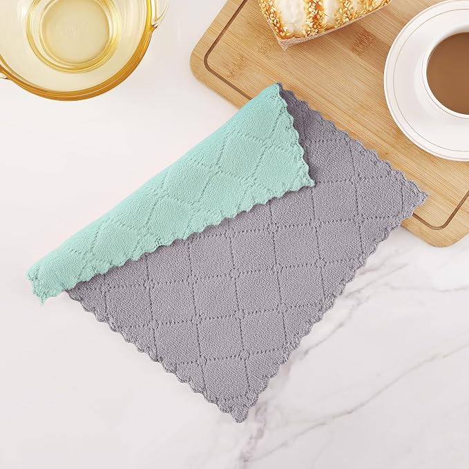 Homaxy 12 Pack Super Soft Dish Cloths, 10" x 10", Grey & Green | Coral Velvet, Nonstick Oil Fast Drying Microfiber Cleaning Cloth, No Lint Household Dishcloths