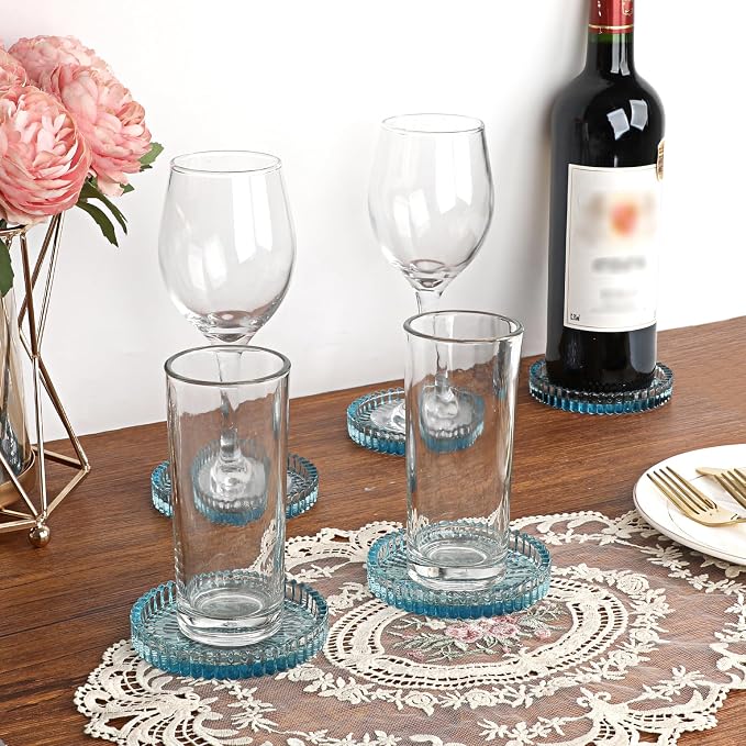 Modern Clear Coaster Set of 5- Glass Coasters for Drinks, Clear Blue | Crystal Coasters Round Cup Mat Coffee Table Decor for Office, Kitchen, Bar, Dining Room, Living Room, Patio