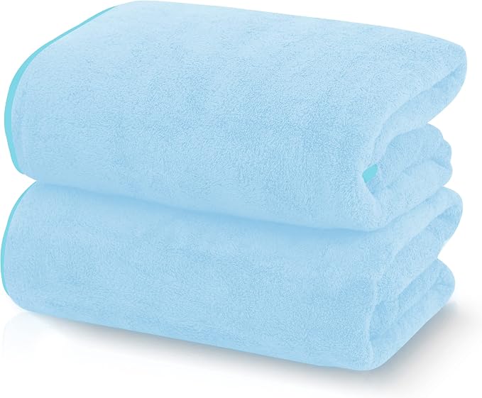TENSTARS Silk Hemming Bath Towels for Bathroom Clearance - 27 x 55 inches - Light Thin Quick Drying - Soft Microfiber Absorbent Towel for Bath Fitness, Sports, Yoga, Travel, Gym - 2 Pack, Aquamarine