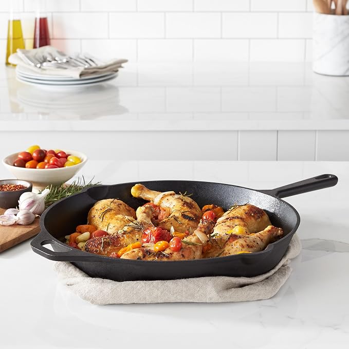 Amazon Basics Pre-Seasoned Cast Iron Skillet, Oven Safe, Even Heating, Heat Distribution, Stove Compatible, Heavy-Duty, 15-Inch, Black