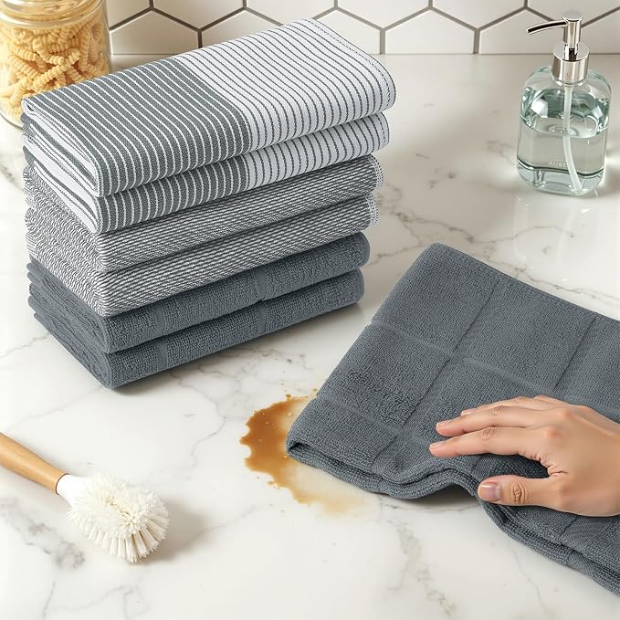 Homaxy 3 Pack Cotton Terry Premium Kitchen Towels, 18 x 28 in, Grey | Large 380 GSM Dish Towels, Highly Absorben Flat & Terry Kitchen Hand Towels, Soft Utility Tea Towel Set with Hanging Loop