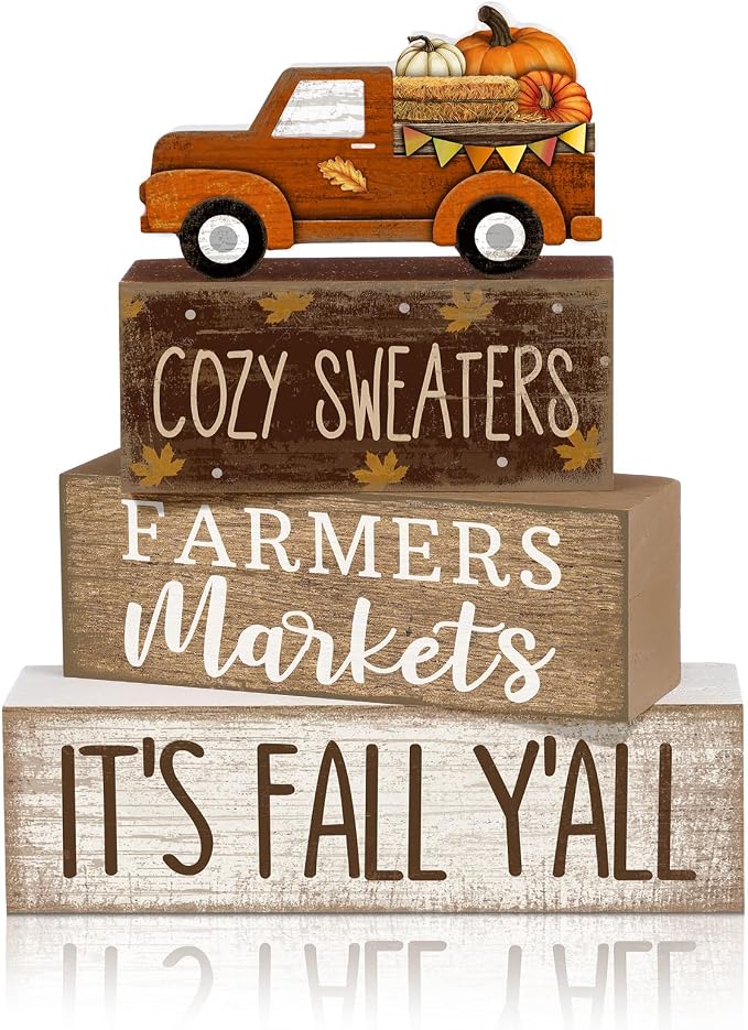 Lineshading 4 Pcs Fall Wooden Block Table Decor Stacked Signs Truck Topper | Rustic Farmhouse Tiered Tray Decoration, Sayings Cozy Sweaters Farmers Markets Its Fall Yall, Autumn Tabletop Centerpiece