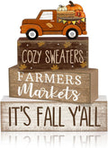 Lineshading 4 Pcs Fall Wooden Block Table Decor Stacked Signs Truck Topper | Rustic Farmhouse Tiered Tray Decoration, Sayings Cozy Sweaters Farmers Markets Its Fall Yall, Autumn Tabletop Centerpiece