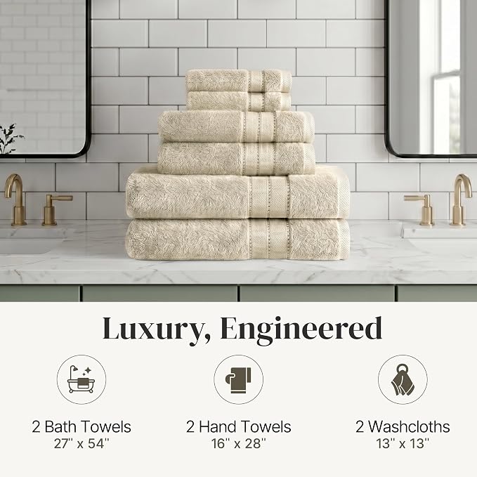 Modern Threads - Spun Loft 6-Piece 100% Combed Cotton Towel Set - Bath Towels, Hand Towels, & Washcloths - Super Absorbent & Quick Dry - 600 GSM - Soft & Plush, Sand