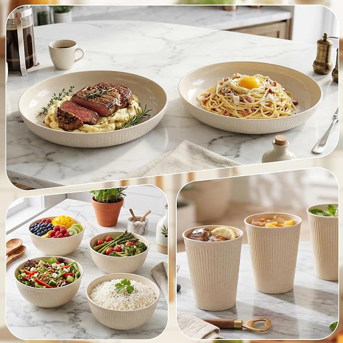 Wheat Straw Dinnerware Sets for 6 People 18pcs Camping Plates and Bowls Set | Unbreakable Dish Set Reusable Picnic Set, 23cm Plates, 350ml Cups, 15cm Bowls, Microwave and Dishwasher Safe