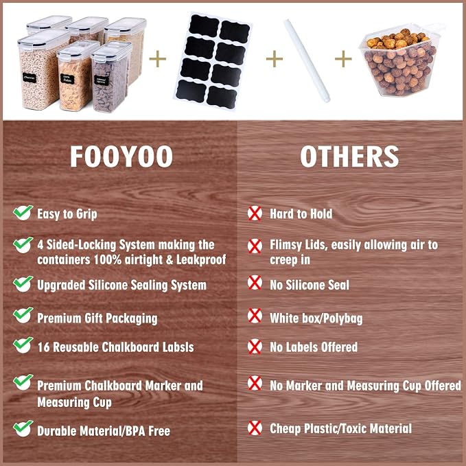 FOOYOO Cereal Containers Storage Set - 6 Piece Airtight Large Dry Cereal Storage Containers(4 * 4L+2 * 2.5L), BPA Free Dispenser Plastic Cereal Storage Containers with 16 Labels & Pen