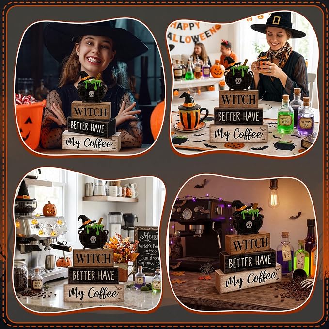 Lineshading 4 Pcs Halloween Witch Wooden Block Signs Farmhouse Tabletop | Rustic Tiered Tray Decor with Cauldron Topper, Coffee Bar Signs for Kitchen Counter, Farmhouse Home Halloween Decorations
