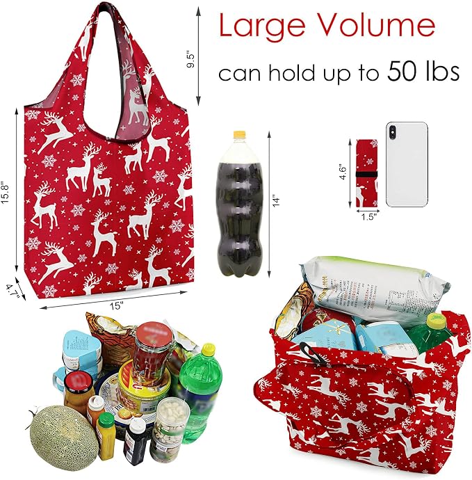 BeeGreen Christmas Reusable Grocery Bags 10 Pack Reusable Shopping Bags Bulk Christmas Gifts Tote Bags with Zipper Storage Pouch Elastic Band Foldable-Machine Washable