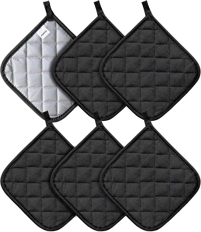 Joyhalo 6 Pack Pot Holders for Kitchen Clearance | Cotton Oven Holder with Great Heat Resistance, Potholders Sets for Kitchen, Countertops, Hot Pots and Pans, Black