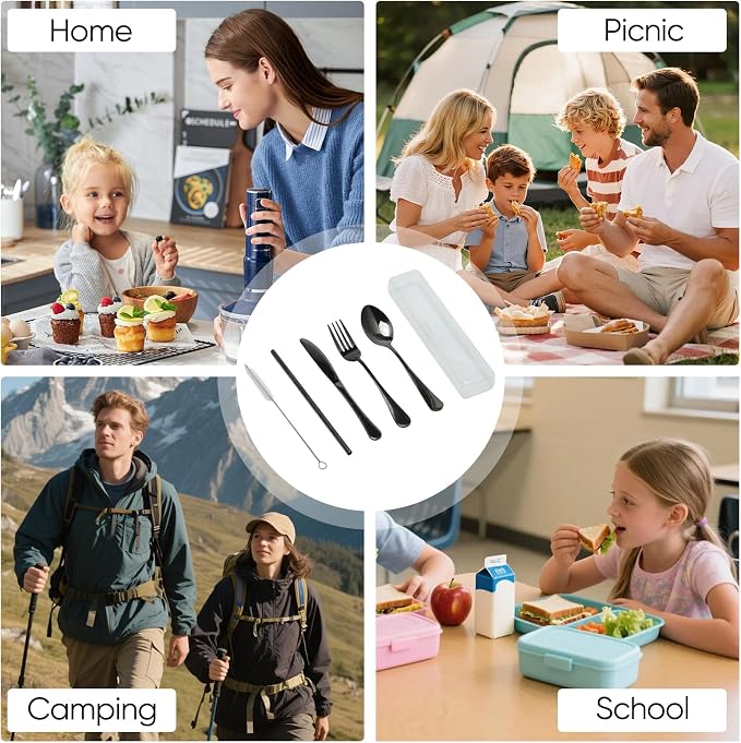 Travel Camping Utensils with Case, 6 Pcs Reusable Stainless Steel Silverware Cutlery Set, Spoon, Fork, Knife + Straw/Brush Kit for Camping, Travel, Office, Lunch Box, Eco On-the-Go (black)